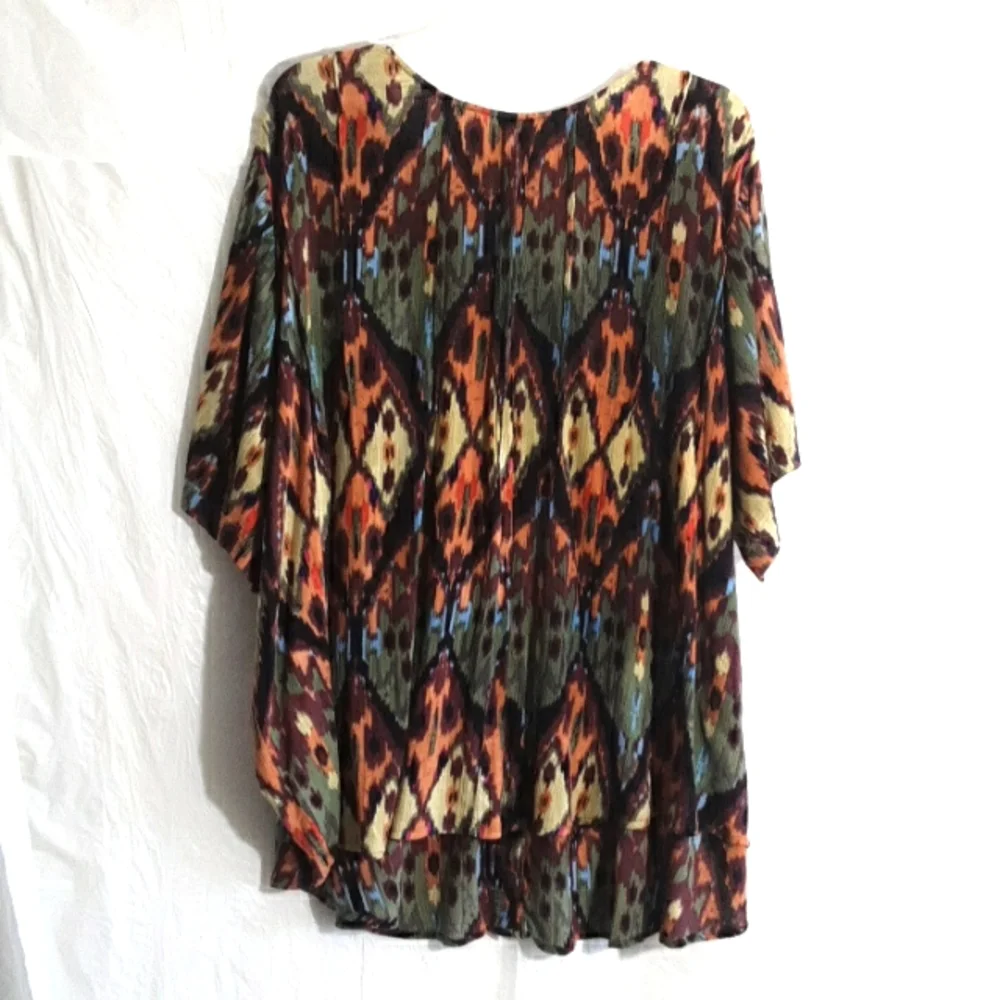 Roamans Orange Green Yellow Aztec Short Sleeve Button Down Blouse Top 5X - Picture 5 of 5